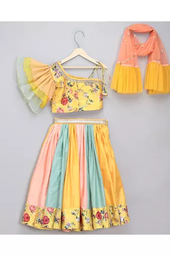 Yellow floral printed off shoulder lehnga set