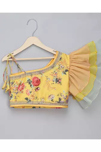 Yellow floral printed off shoulder lehnga set