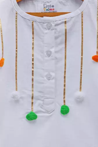 Tricolor pom pom gota finishing white kurta pyjama