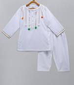 Tricolor pom pom gota finishing white kurta pyjama