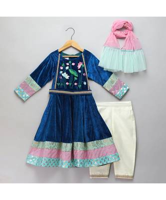 Blue velvet embroidered anarkali pants with net dupatta 1