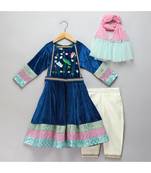 Blue velvet embroidered anarkali pants with net dupatta