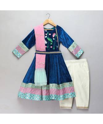 Blue velvet embroidered anarkali pants with net dupatta 3
