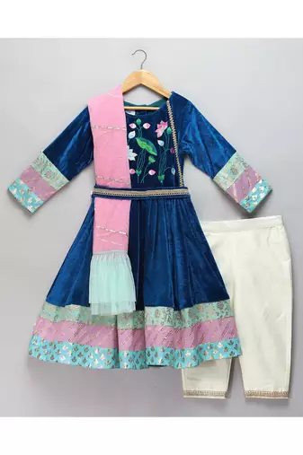 Blue velvet embroidered anarkali pants with net dupatta