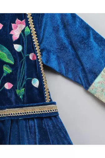 Blue velvet embroidered anarkali pants with net dupatta
