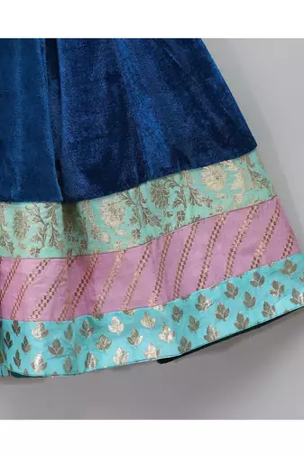 Blue velvet embroidered anarkali pants with net dupatta