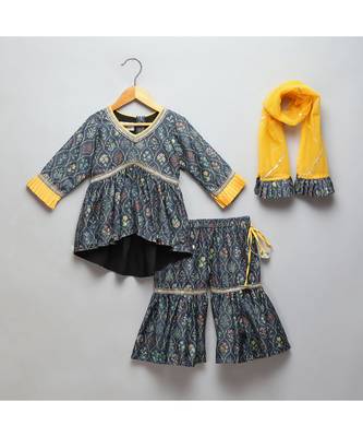 Black printed high low sharara set 1