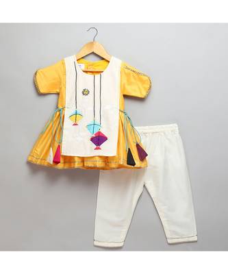 Kite embroidered yellow white frock pyjama set 1