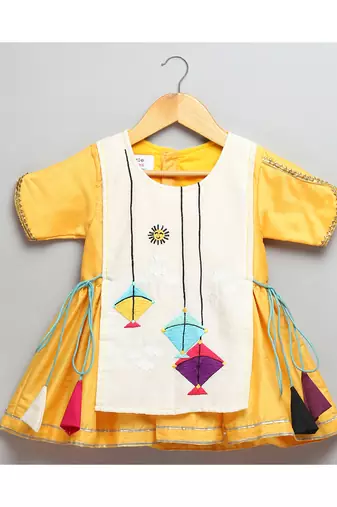 Kite embroidered yellow white frock pyjama set