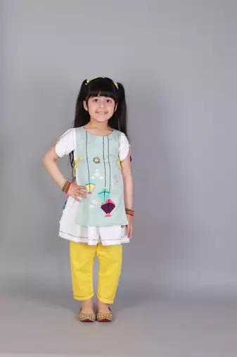 Kite embroidered blue white frock pyjama set