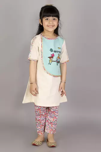 Kids playing holi multi embroidery a-line kurta pyjama set