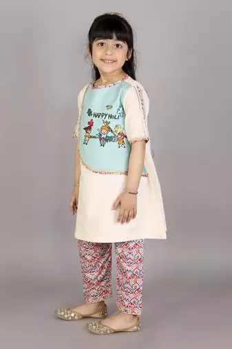 Kids playing holi multi embroidery a-line kurta pyjama set