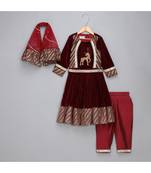 Maroon velvet embroidered anarkali pants with net dupatta