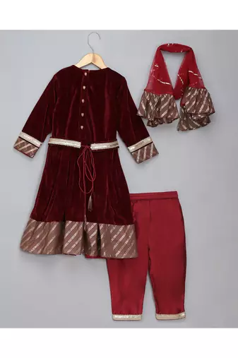 Maroon velvet embroidered anarkali pants with net dupatta