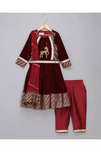 Maroon velvet embroidered anarkali pants with net dupatta