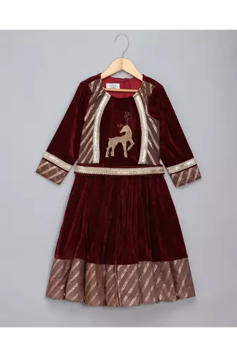 Maroon velvet embroidered anarkali pants with net dupatta