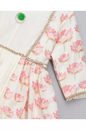 Offwhite peach lotus print kurta set
