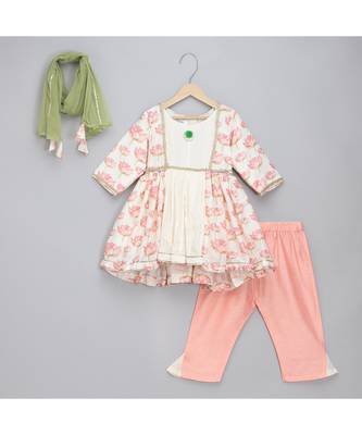 Offwhite peach lotus print kurta set 1