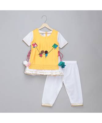 Kite embroidered yellow white frock pyjama set 1