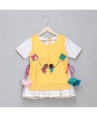 Kite embroidered yellow white frock pyjama set 4