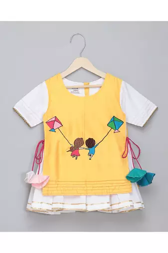 Kite embroidered yellow white frock pyjama set