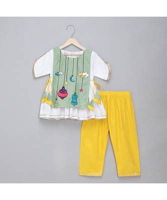 Eid embroidered green white frock pyjama set 1