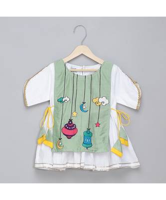 Eid embroidered green white frock pyjama set 4