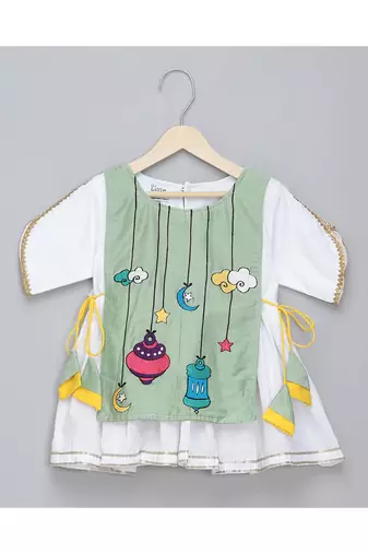 Eid embroidered green white frock pyjama set