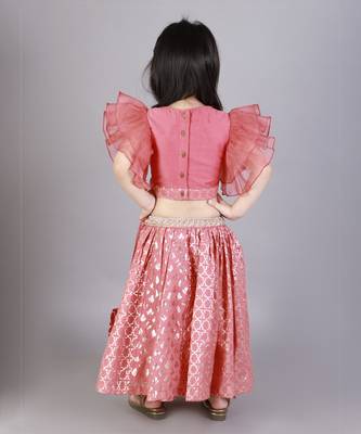 Coral pink ruffled blouse with cotton zari lehnga 2