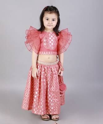 Coral pink ruffled blouse with cotton zari lehnga 3