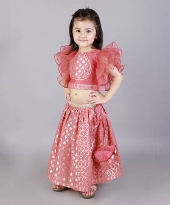 Coral pink ruffled blouse with cotton zari lehnga 1
