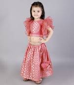 Coral pink ruffled blouse with cotton zari lehnga