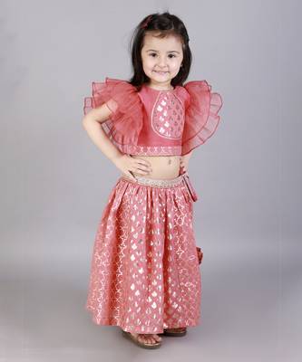 Coral pink ruffled blouse with cotton zari lehnga 4