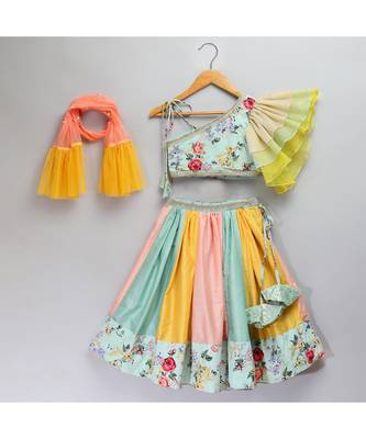 Green floral printed off shoulder lehnga set 1