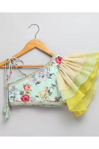 Green floral printed off shoulder lehnga set