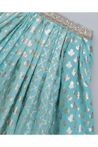 Blue ruffled blouse with cotton zari lehnga