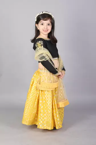 Black emb blouse with cotton zari lehnga