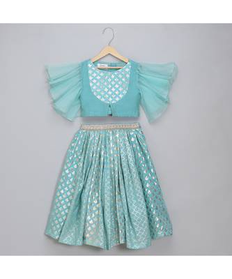 Blue ruffled blouse with cotton zari lehnga 1