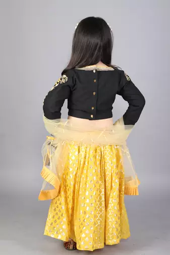 Black emb blouse with cotton zari lehnga