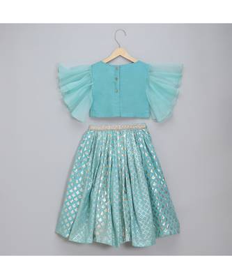 Blue ruffled blouse with cotton zari lehnga 3