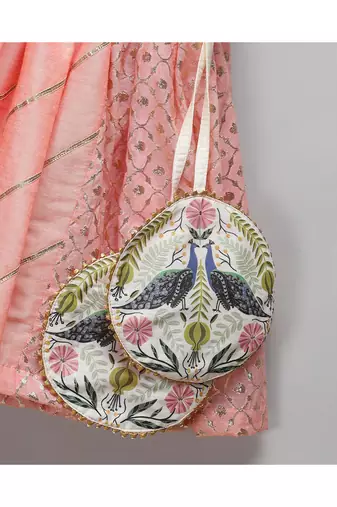 Peach peacock printed chanderi lehnga set