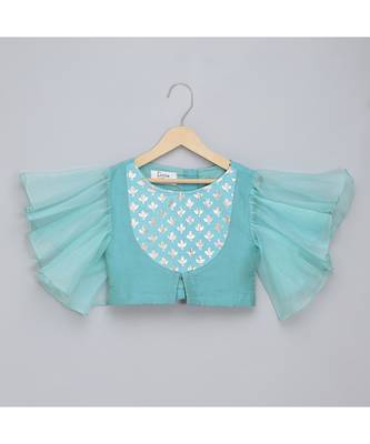 Blue ruffled blouse with cotton zari lehnga 4