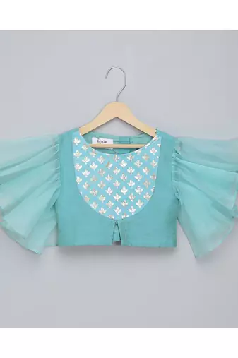 Blue ruffled blouse with cotton zari lehnga