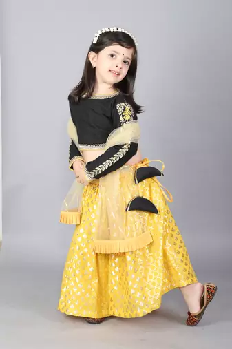 Black emb blouse with cotton zari lehnga