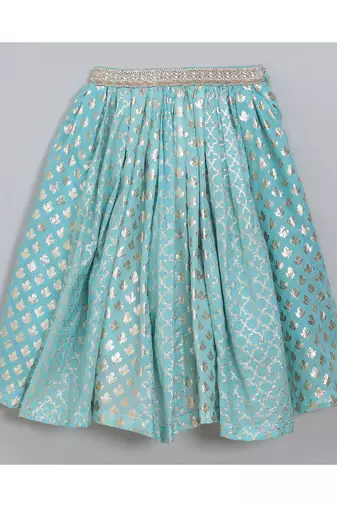 Blue ruffled blouse with cotton zari lehnga