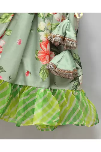 Floral printed off shoulder lehnga set with attached dupatta