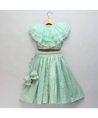 Pastel green organza frill chanderi lehnga set 3