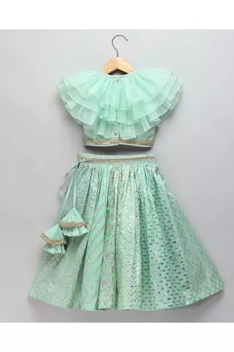 Pastel green organza frill chanderi lehnga set