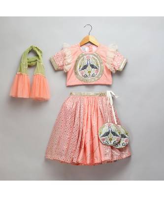 Peach peacock printed chanderi lehnga set 1
