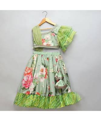 Floral printed off shoulder lehnga set with attached dupatta 1